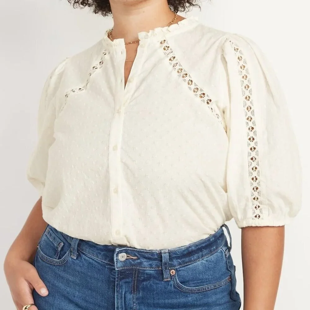 Old‎ Navy Creme De La Creme Cotton Puff-Sleeve Lace-Trim Clip-Dot Blouse Size XL